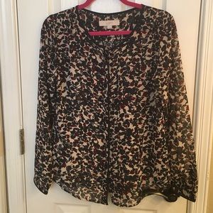 Navy blue, cranberry & cream long sleeve blouse.