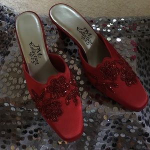 Formal Red Satin Mule / Beautiful Floral Beadwork