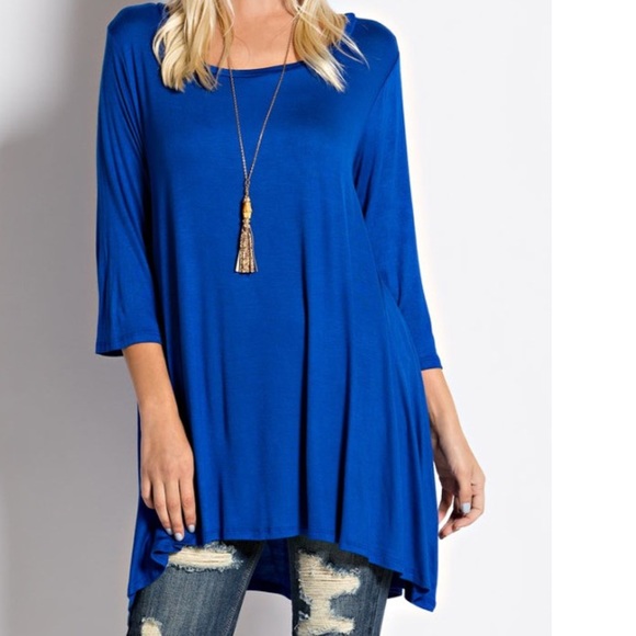 Cobalt Blue 3/4 Sleeves A-Line Tunic Top - Picture 2 of 3