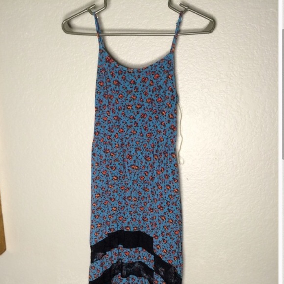 hi low blue floral dress with black lace