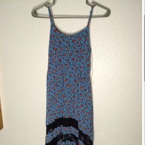 hi low blue floral dress with black lace