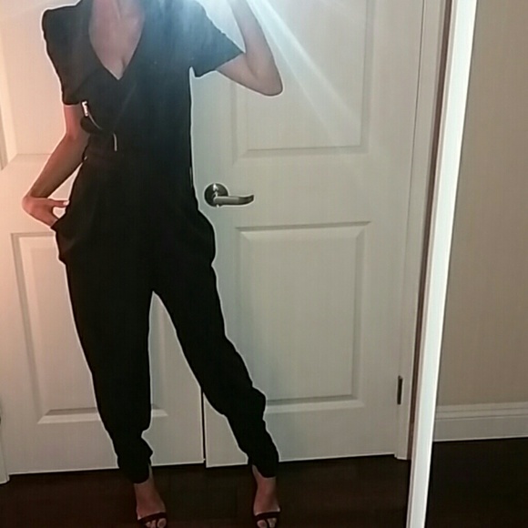 Harem Style Structured Shoulder Black Jumpsuit
