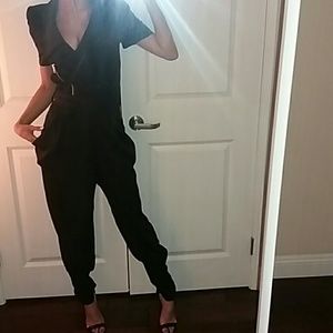 Harem Style Structured Shoulder Black Jumpsuit