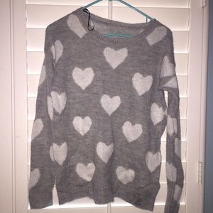 Heart Sweater, gray with white hearts, worn once