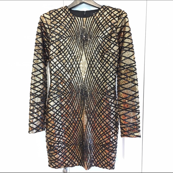 Black and Gold Long Sleeve Sequined Dress