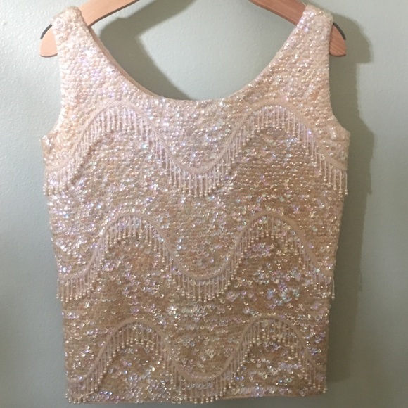 Vintage Creme Colored Sequin & Beaded Top