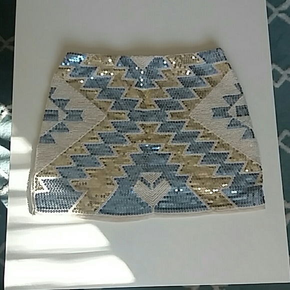 Stunning Aztec Sky Blue and Gold Sequin Mini Skirt