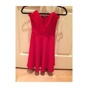 red, strapless mini dress with plunging neckline
