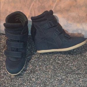 blue suede strappy wedges