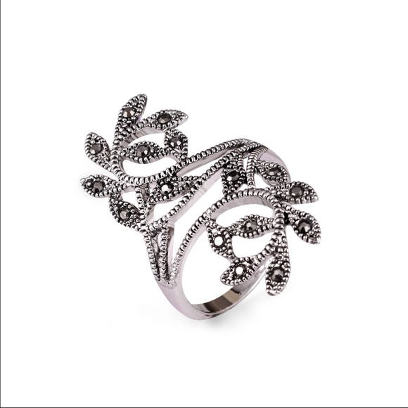 Antique Silver Black Marcasite Retro Vintage Ring - Picture 3 of 5