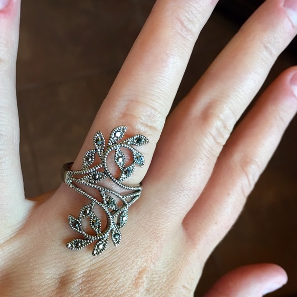 Antique Silver Black Marcasite Retro Vintage Ring - Picture 4 of 5