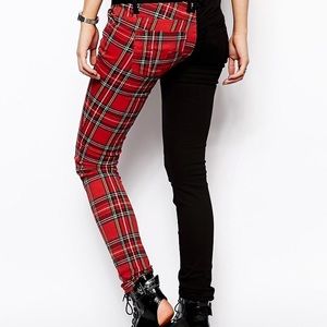 Royal Bones 💀 Split Red Plaid Punk Skinny Jeans