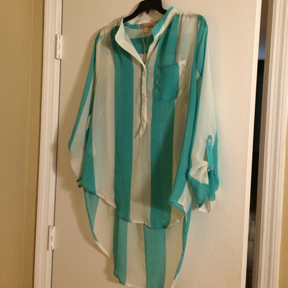 Penelope Teal & White High-Low Blouse