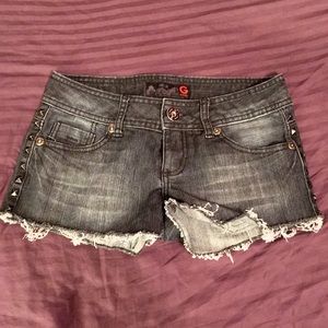 Black washout denim shorts with studded trims