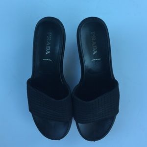 Prada quilted fabric top and leather side wedges