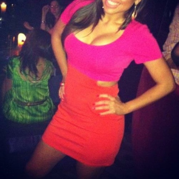 Orange Pink Colorblock Cut Out Dress