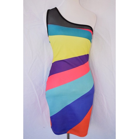 colorful one shoulder body con dress