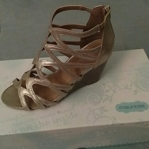 Maurices wedge/sandal; zip back; champagne color