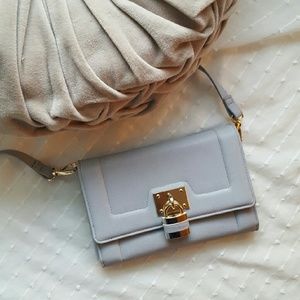 BLUE GREY CROSSBODY wallet with gold buckle