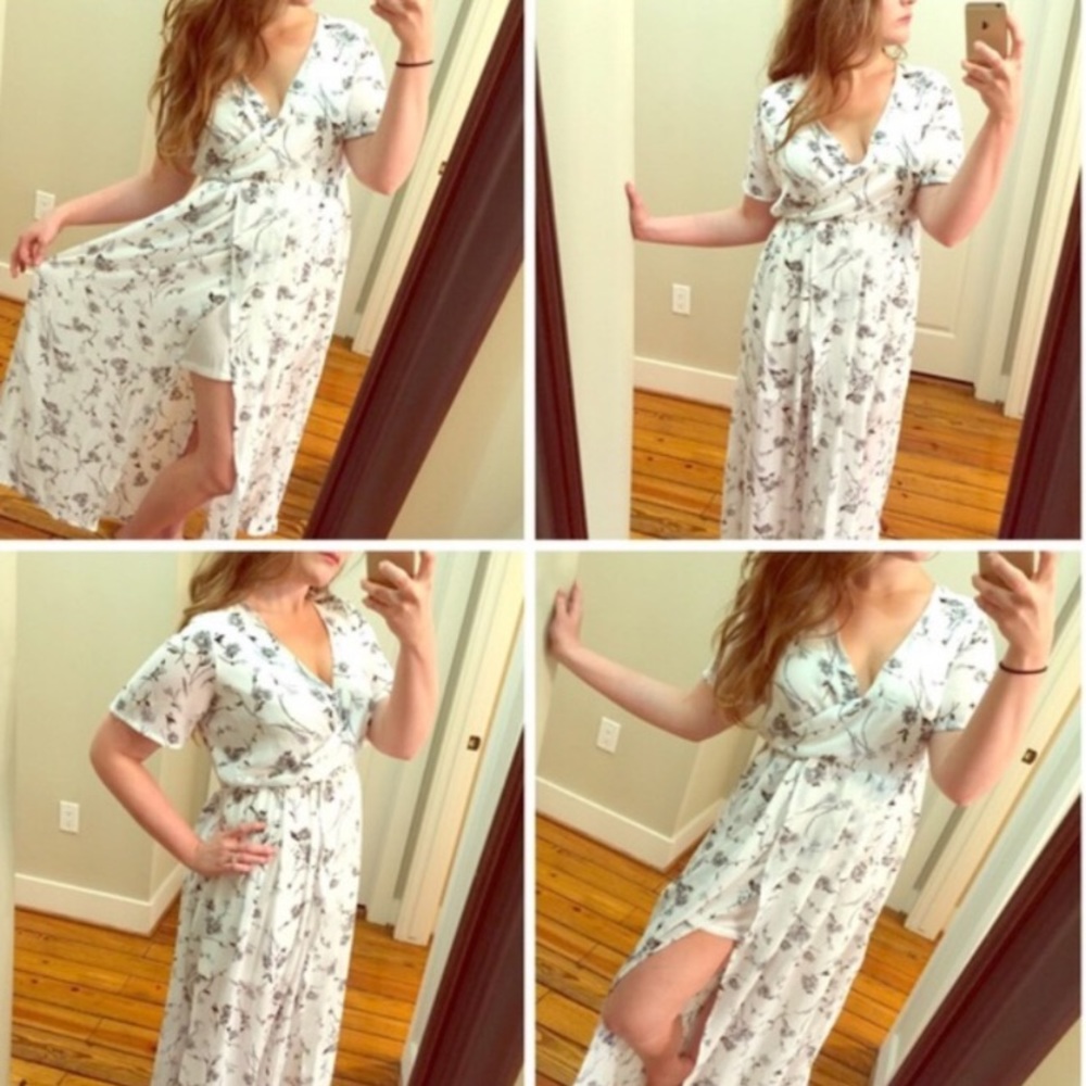 Gray Floral Flutter Sleeve Maxi