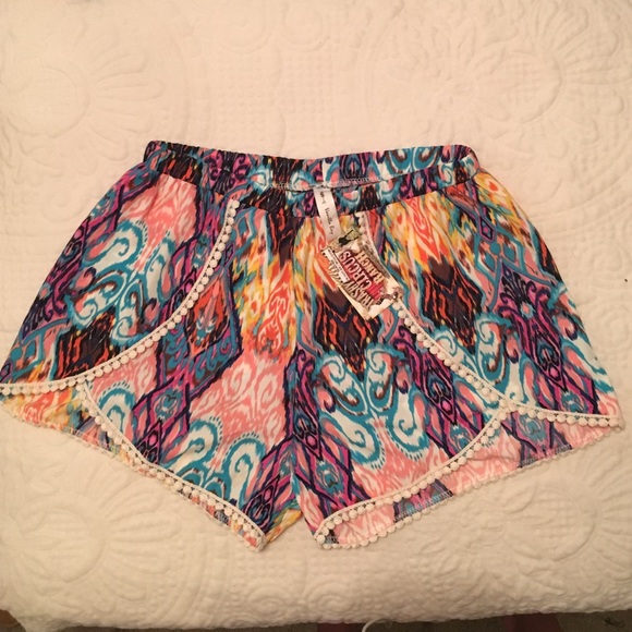 Bright Aztec Silk Shorts w/ PomPom Hem!