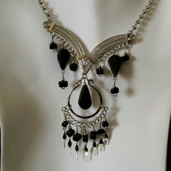 Alpaca silver & Black Agate necklace, N-7
