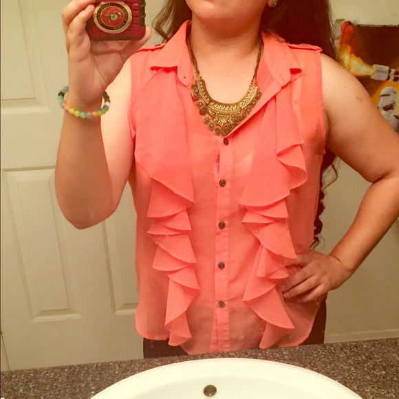 Dressy coral high low ruffle shirt