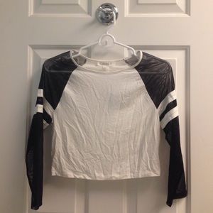 White crop top w/ black mesh cutouts