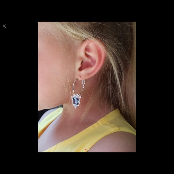 Silver Plated Blue Crystal Butterfly Hoop Earrings - Picture 3 of 4