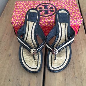 Tory Burch Isabel Straw/Patent Leather Sandals