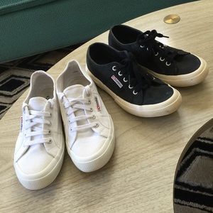 Two pairs of Superga sneakers black white