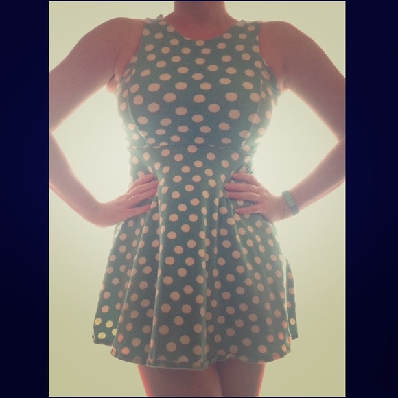 Teal blue and white polka dot dress
