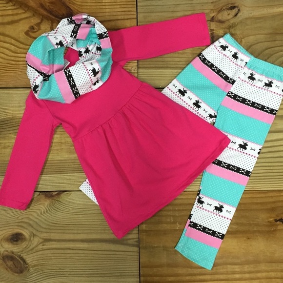 Girls 3-Pc Pink Reindeer Infinity Scarf Outfit - Picture 2 of 4