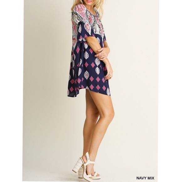 Navy mix Printed mini bell sleeves boho dress - Picture 2 of 3