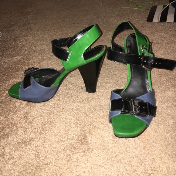 Green, blue and black heels with a buckle strap