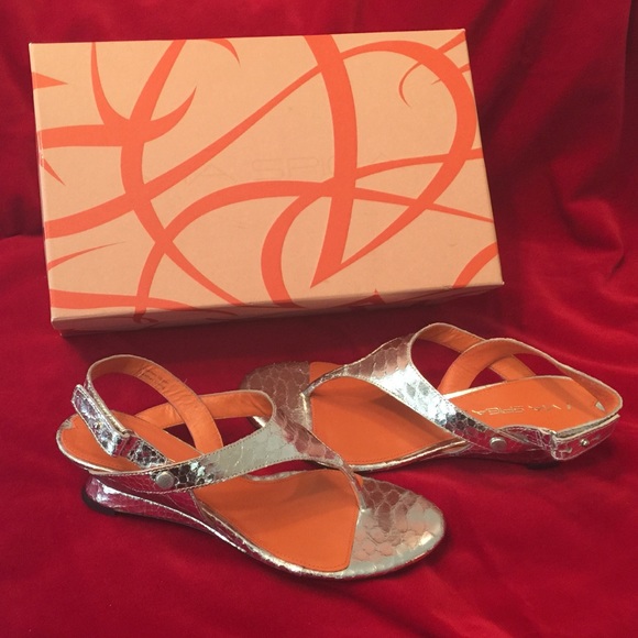 Via Spigo Silver Snakeskin Print Wedge Sandals