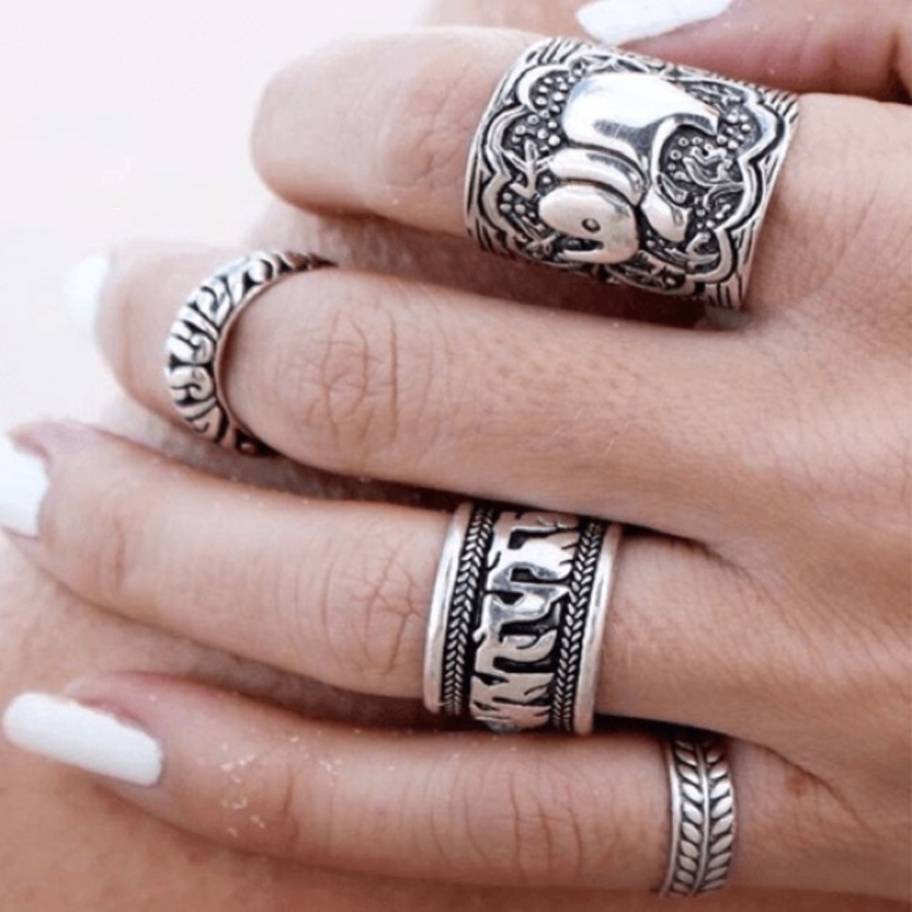Elephant Ring Boho Silver Tone Ring Set