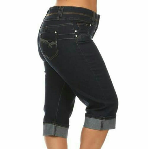Denim Capri Pants with Rhinestone Studs - Picture 2 of 3