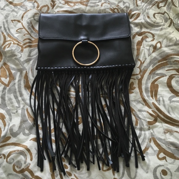 Black Fringe Clutch with Gold Ring