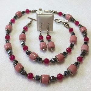 FINAL SALE PRICE Handmade OOAK Onyx & Pink Chalcedony Jewelry Set