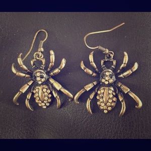 Brass and crystal goth spider earrings