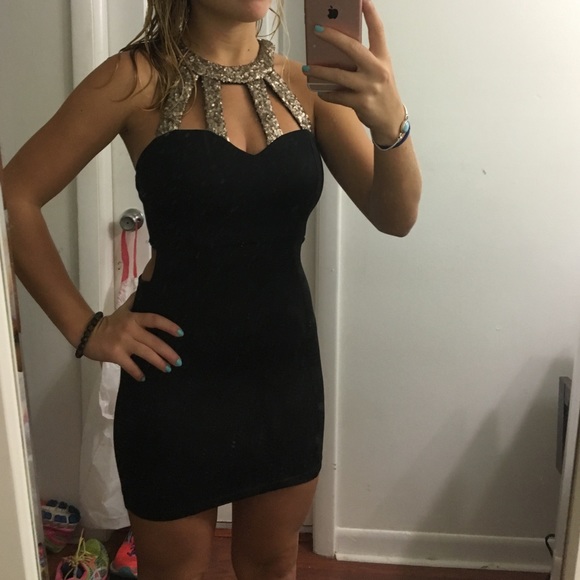 Gold and black sequined mini dress