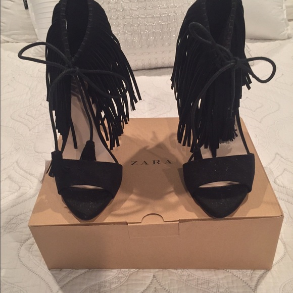 Zara black suede fringe sandal