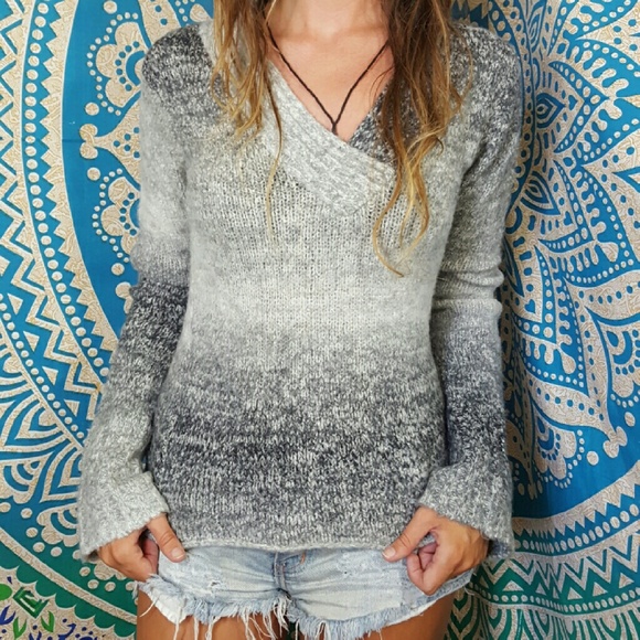 Grey Fuzzy V-Neck Sweater