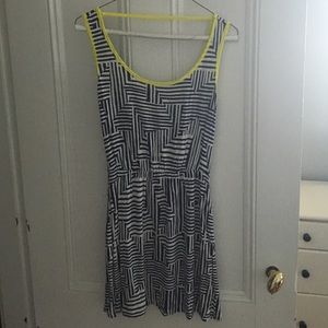 Blue and white pattern dress with yellow trim