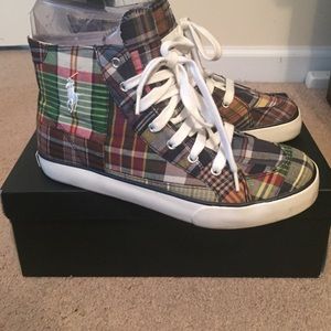 Navy patchwork high top Polo sneakers
