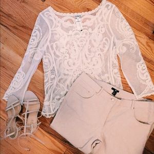Express Off White Long Sleeve Lace Tee