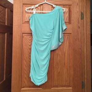 Over the shoulder mint ruched party dress