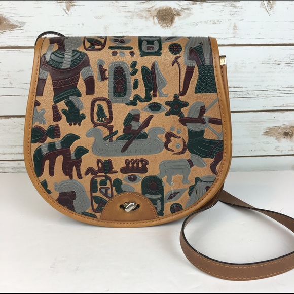 Vintage Handbags - [Vintage] Tooled Leather Crossbody Egyptian Boho