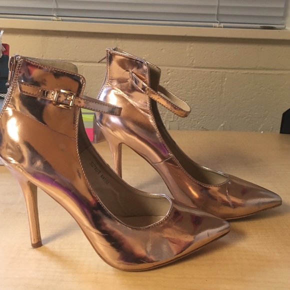 Metallic rose gold shoes with ankle strap